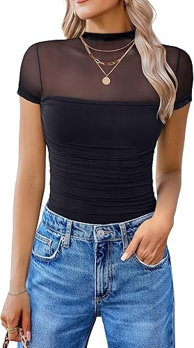 Avidlove Women's Short-Sleeve Jumpsuit Round Neck Mesh Bodysuit Outfit for Outings and Dates