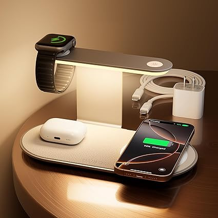 GUSGU 3-in-1 Charging Station with Triple Night Light, 15W Maximum Fast Charging Wireless Charger, Compatible with iPhone 15/14/13/12, iWatch S1-8/Ultra, AirPods (includes 30W USB-C charger), White